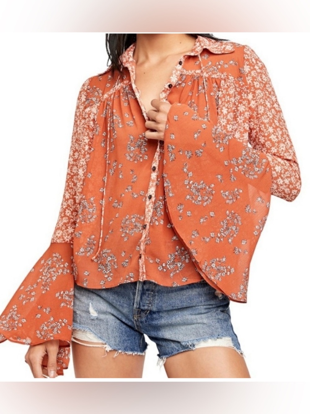 Free people Serena Floral Tie-Front Bell Sleeve Top - Rust - Picture 6 of 9